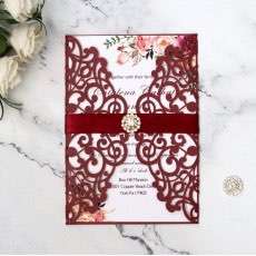Wine Red Wedding Invitation Card With Ribbon Holiday Greeting Card Laser Cut